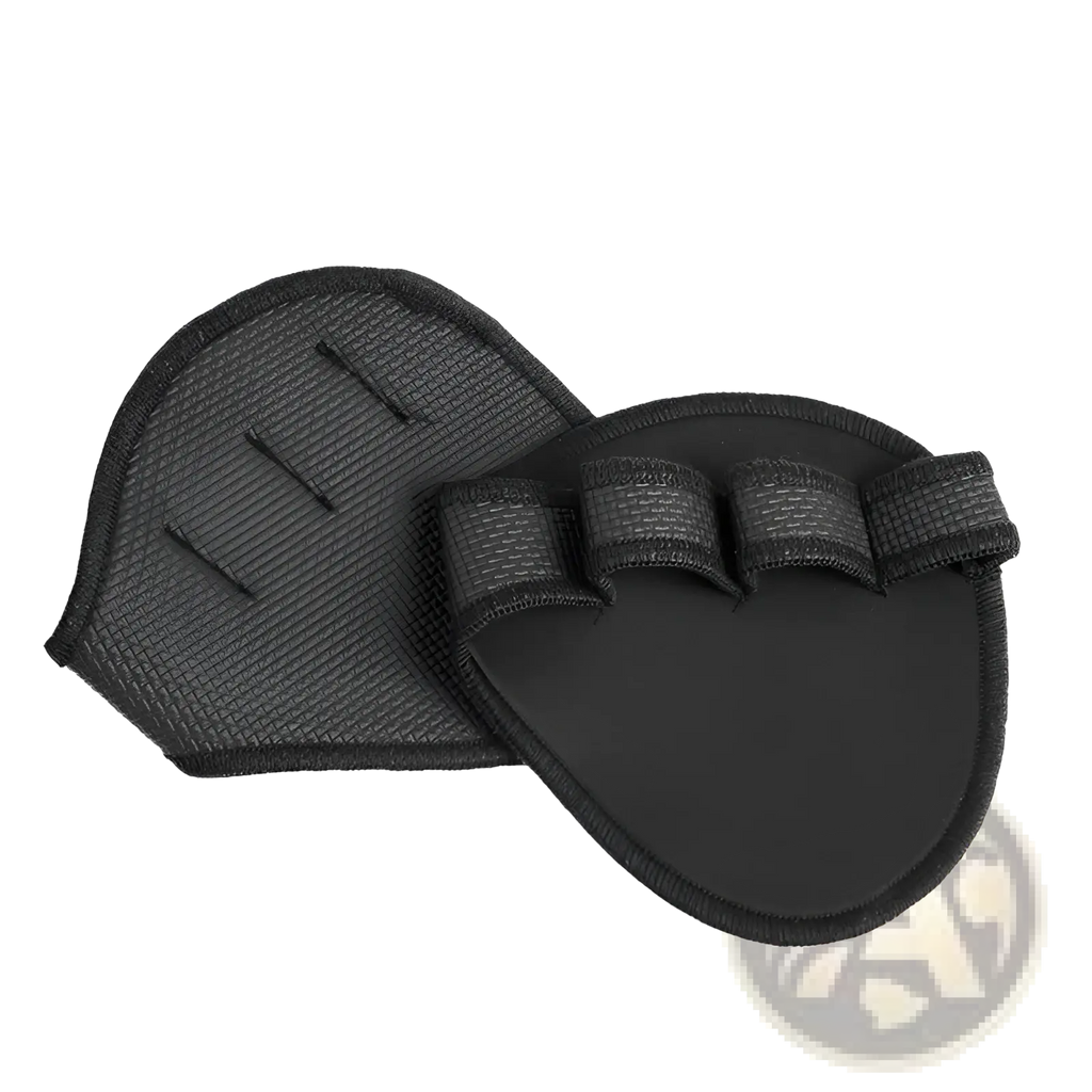 Black camouflage weightlifting half finger gloves with textured fabric finger grip pads and elastic straps back side view