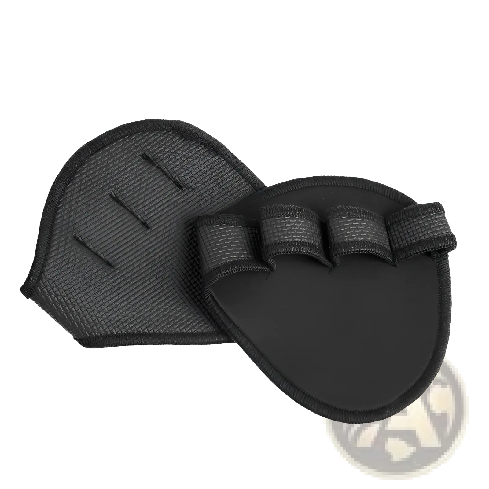 Black camouflage weightlifting half finger gloves with textured fabric finger grip pads and elastic straps back side view
