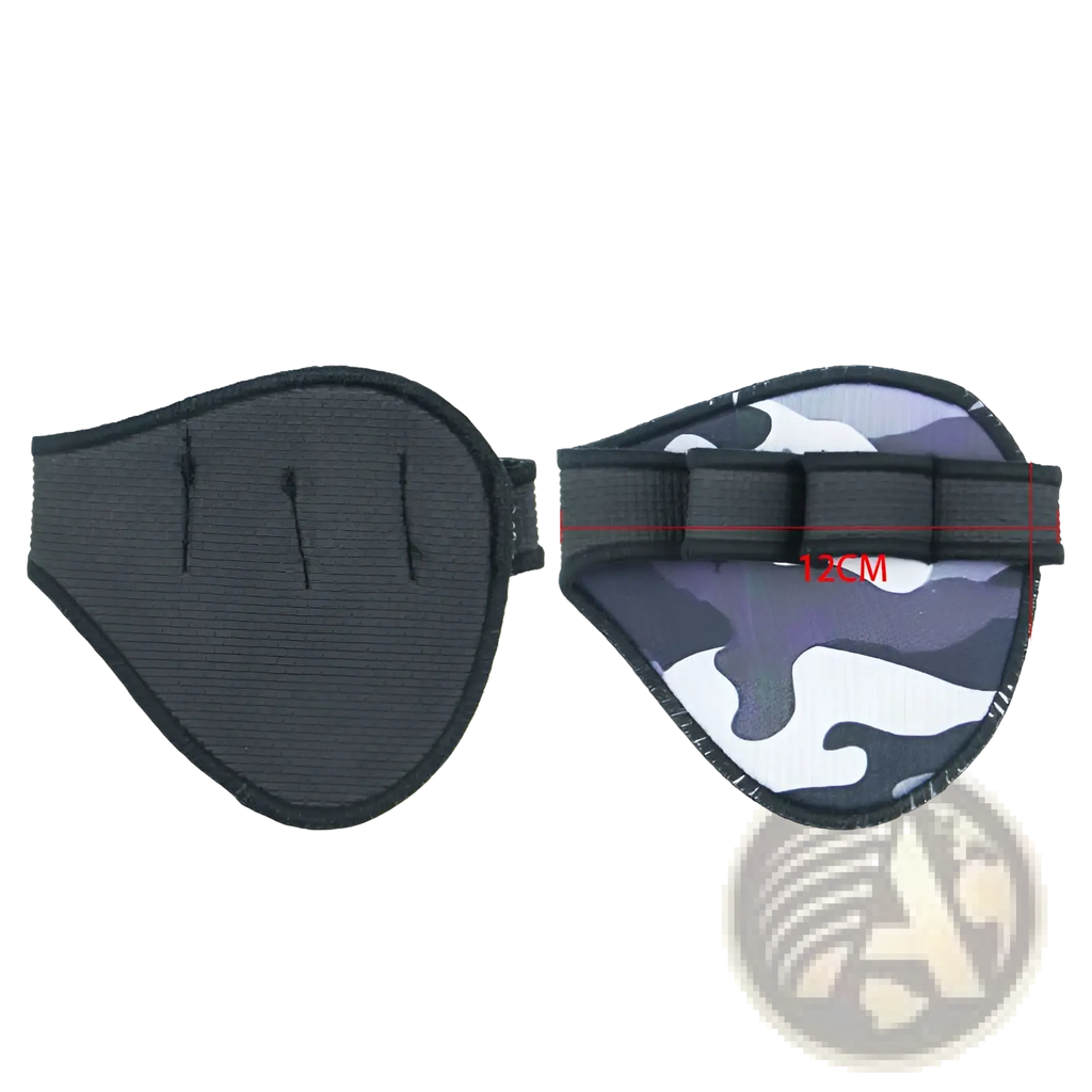 Black and gray camouflage-patterned eye patch with adjustable strap designed for weightlifting training use
