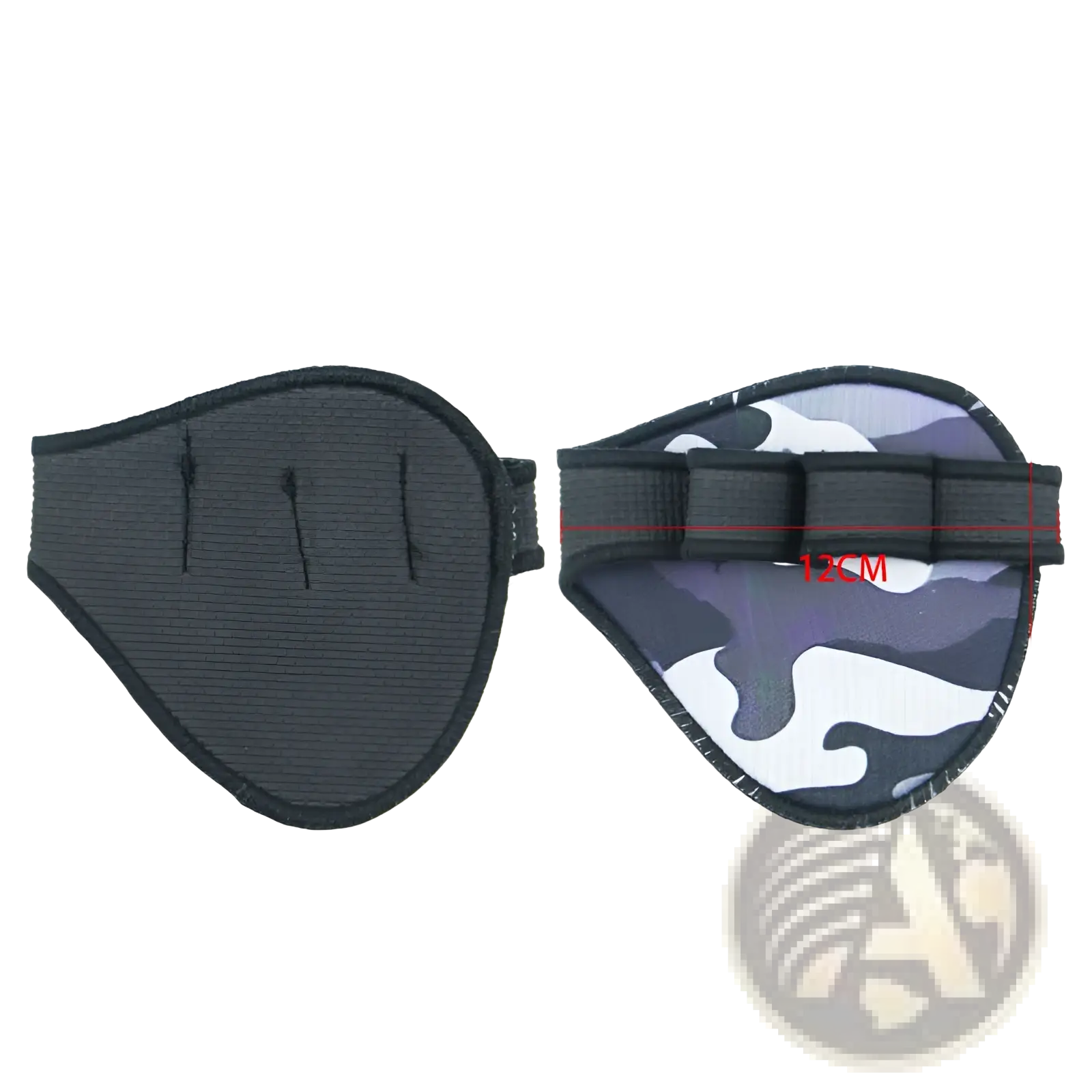 Black and gray camouflage-patterned eye patch with adjustable strap designed for weightlifting training use