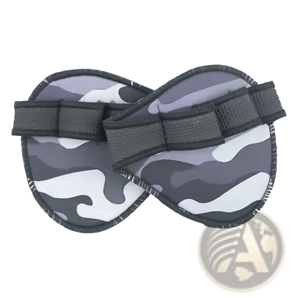 Gray and white camouflage-patterned eye mask with black fabric straps designed for weightlifting training use