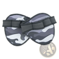 Gray and white camouflage-patterned eye mask with black fabric straps designed for weightlifting training use