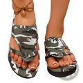 Green and white camouflage flat sandals with thick black sole designed as women beach flip flops
