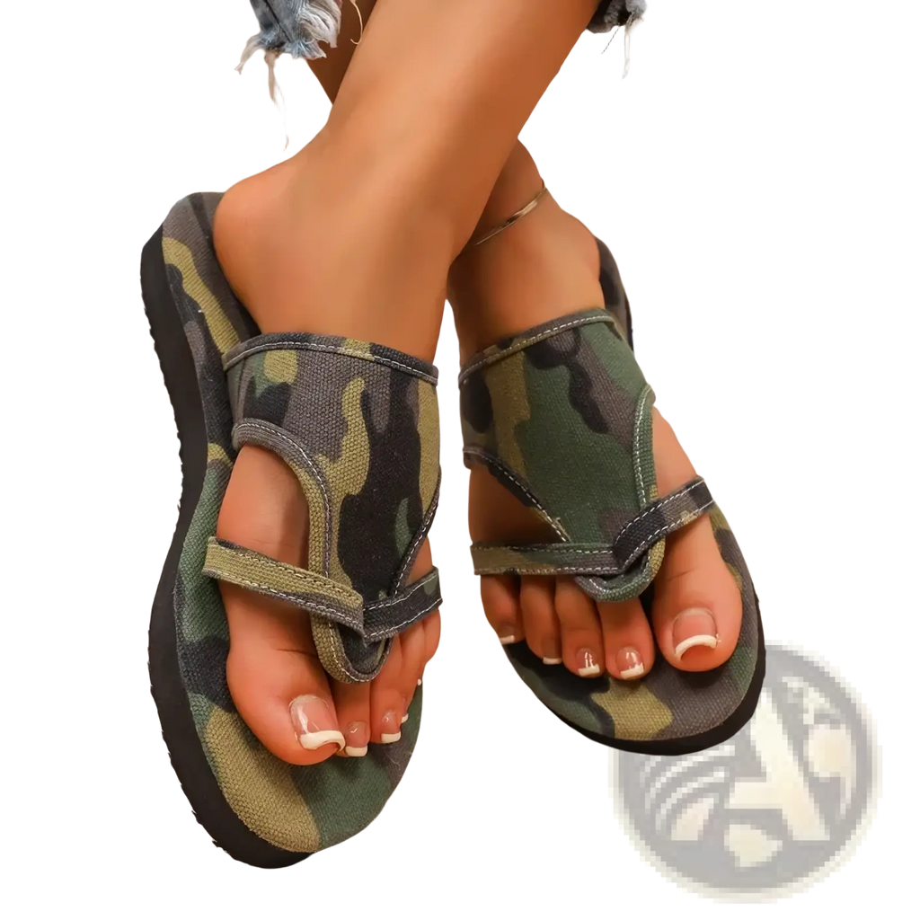 Camouflage women flat sandals beach flip flops with thick black sole and stitched detailing