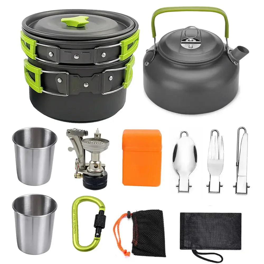 Black and lime green aluminum camping cookware set with collapsible pot stack kettle utensils stove and storage pouches