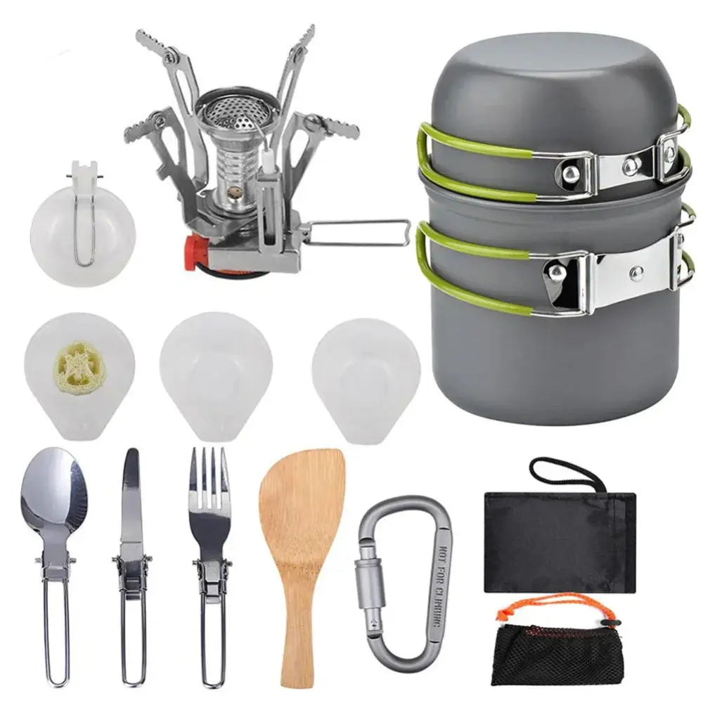 Gray aluminum camping cookware set with lime green straps and silver clasps featuring stacked cooking pots