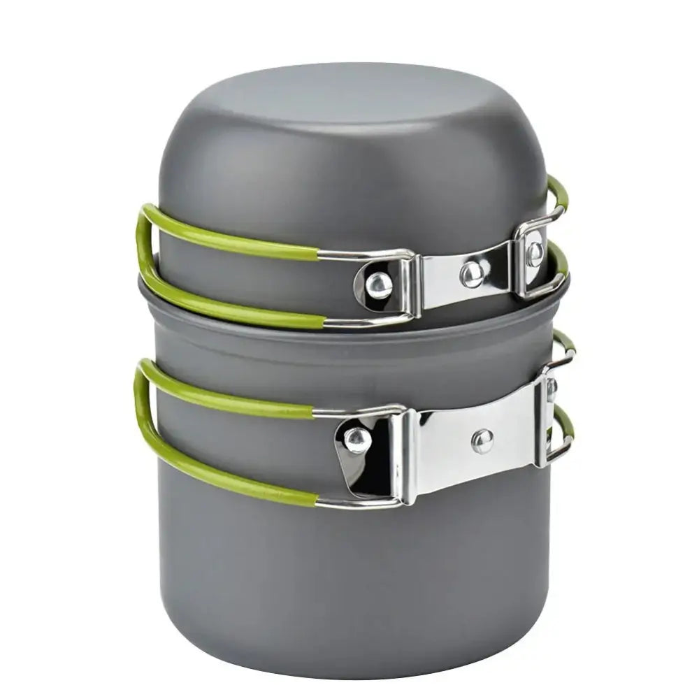 Aluminum camping cookware set with gray aluminum cookset lime green silicone straps and silver metal clasps