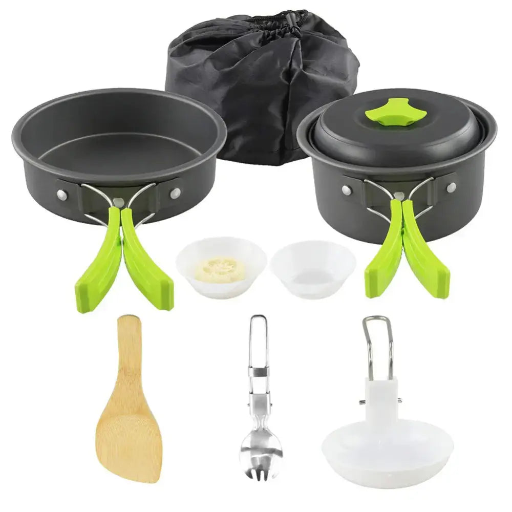 Black and lime green aluminum camping cookware set with foldable handles, silicone lid knob, wooden spoon, and stainless steel spork