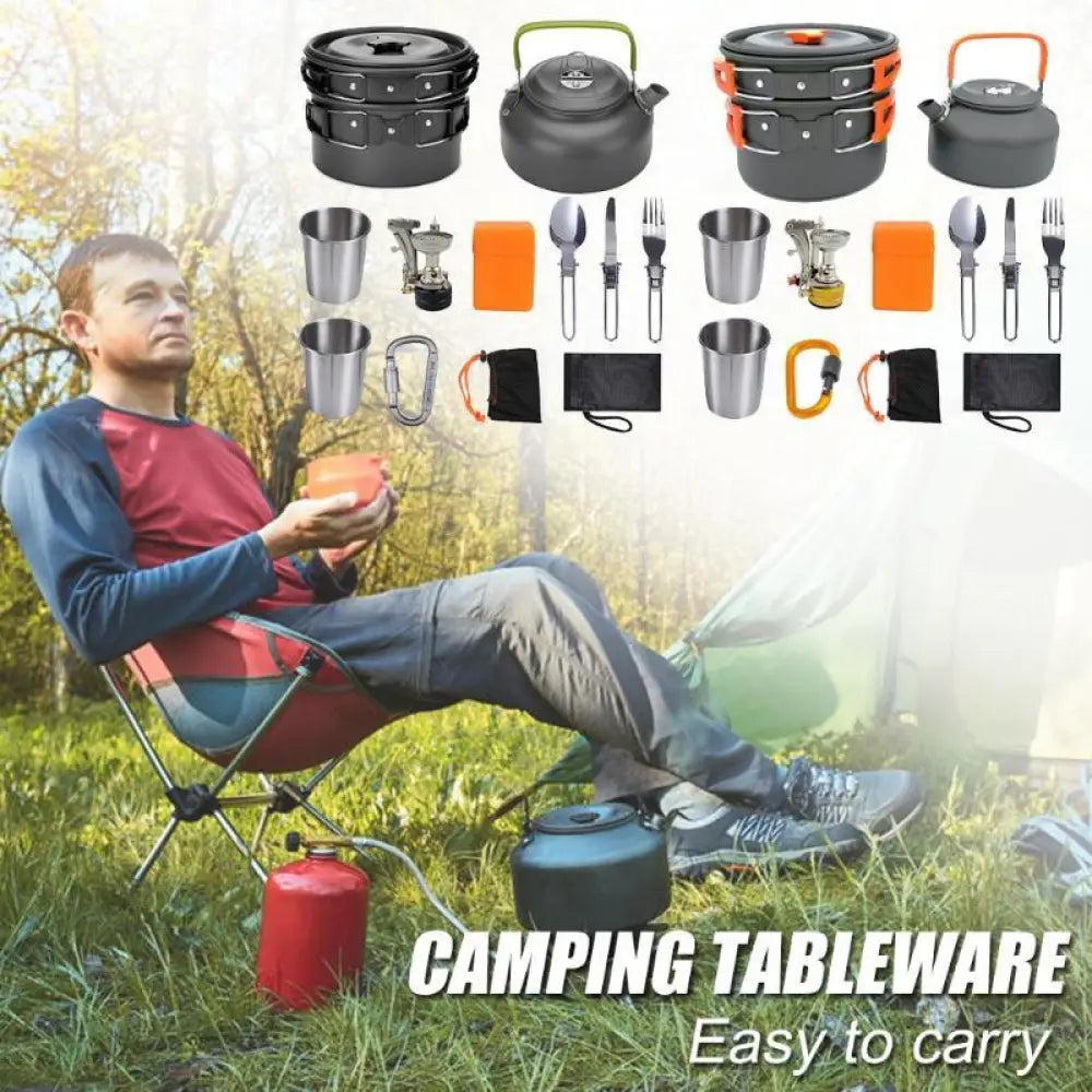 Black and orange aluminum camping cookware set with stainless steel cups utensils and portable stove for outdoor use