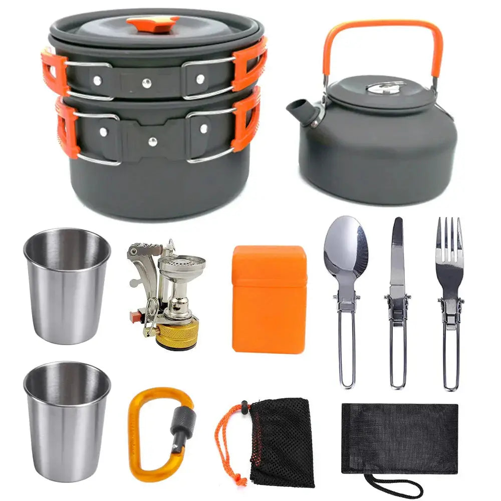 Gray and orange aluminum camping cookware set with stackable pots kettle stainless steel cups folding utensils and portable stove