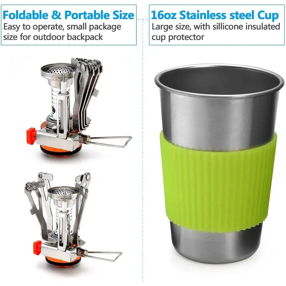 16oz stainless steel cup with bright lime green silicone insulated grip in camping cookware kit with stove and pots