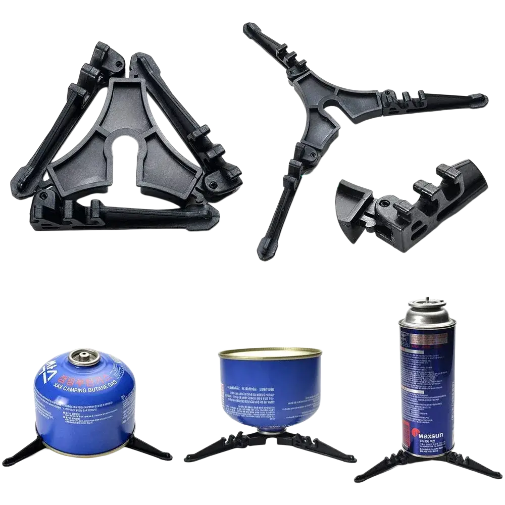 Black plastic tripod stand for camping gas canisters designed for use with camping cookware kit with stove and pots