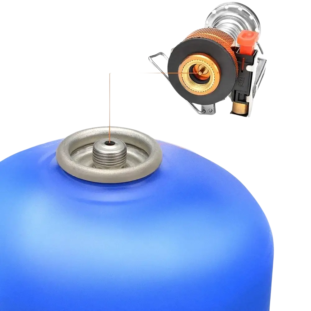 Blue camping gas canister with silver valve cap and threaded connection for camping cookware kit with stove and pots