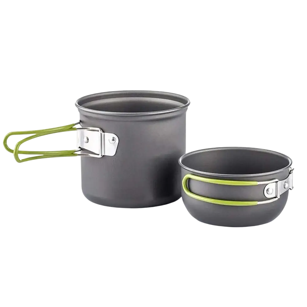 Camping cookware kit with stove featuring gray aluminum pots with lime green silicone handles and silver metal clasps