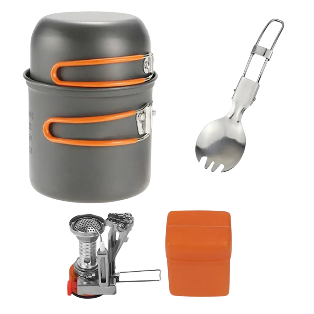Camping cookware kit with stove gray aluminum pots with orange silicone handles and stainless steel foldable spork