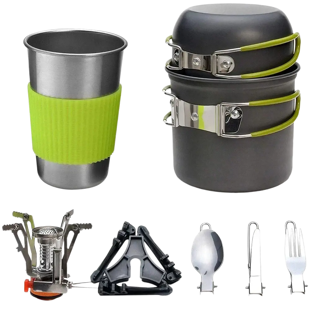 Gray camping cookware kit with stove and stainless steel utensils featuring lime green silicone grips for outdoor use