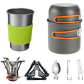 Gray camping cookware kit with stove and pots featuring orange-handled stainless steel utensils for outdoor use