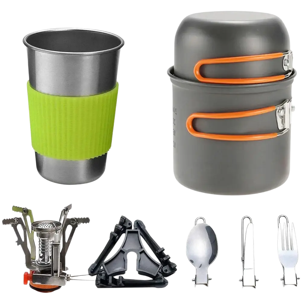 Gray camping cookware kit with stove and pots featuring orange-handled stainless steel utensils for outdoor use