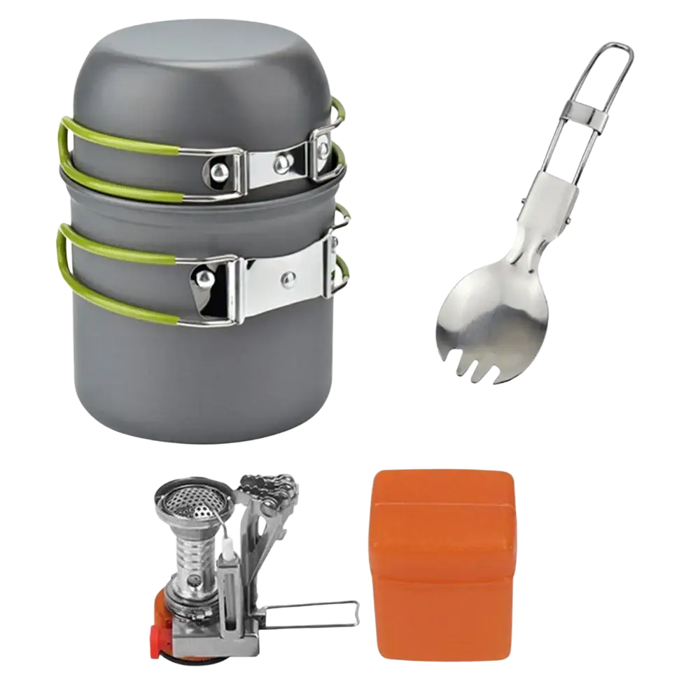 Gray stackable camping cookware kit with lime green latches and silver metal clasps including stove and pots