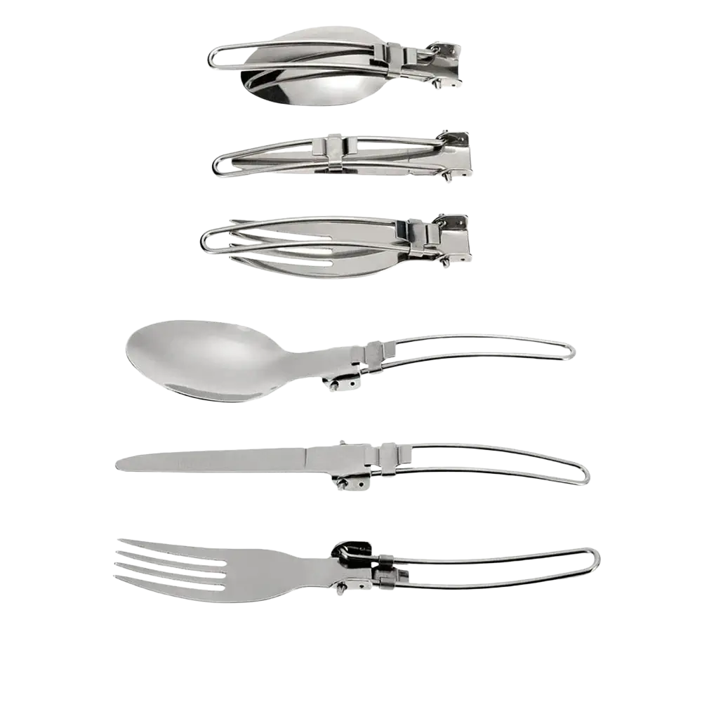 Silver foldable camping utensil set with spoon knife and fork in metallic finish included in camping cookware kit with stove and pots