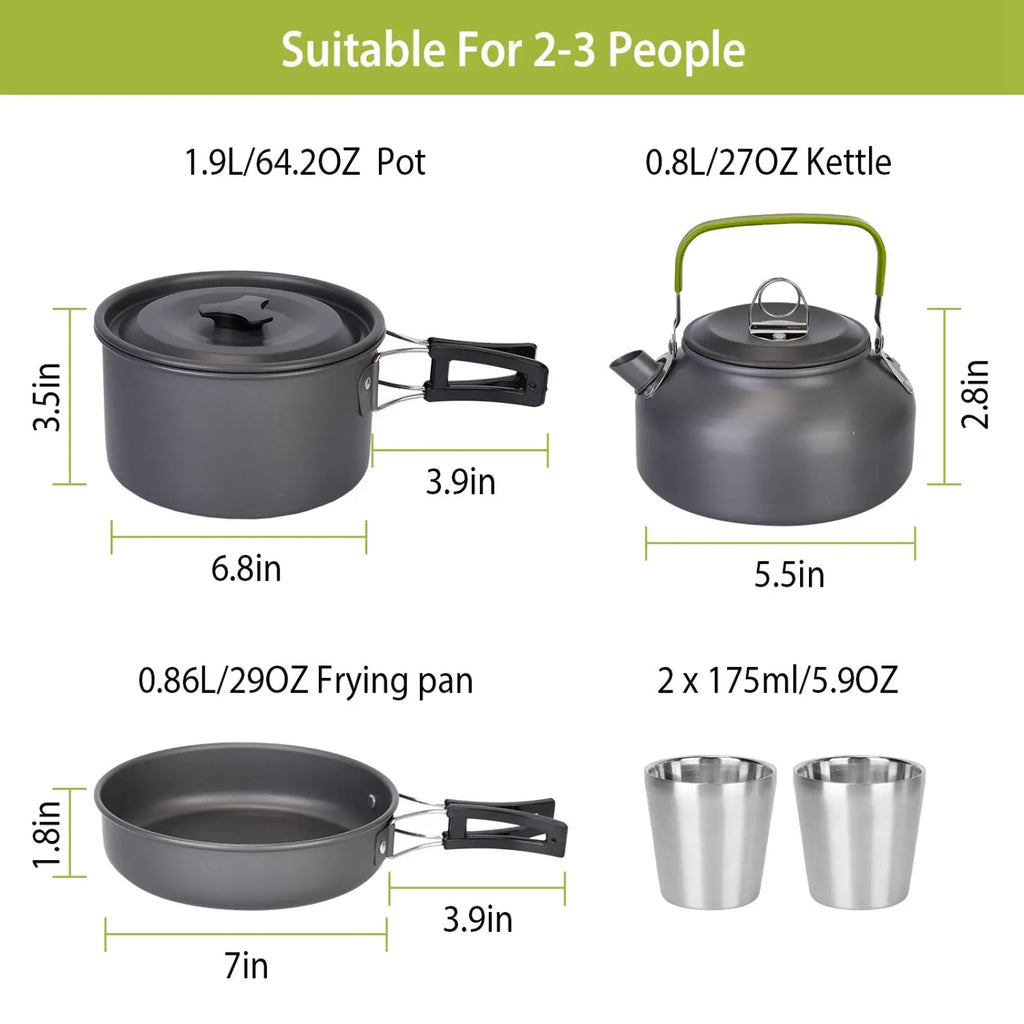 Gray aluminum camping cookware set with green handle kettle and stainless steel cups for outdoor cooking