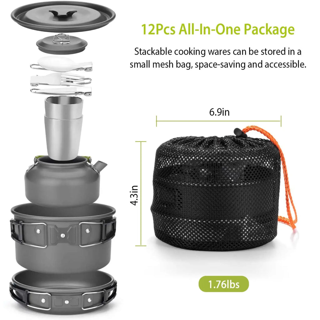 Gray stackable 12pcs aluminum camping cookware set with stainless steel cups and black mesh storage bag