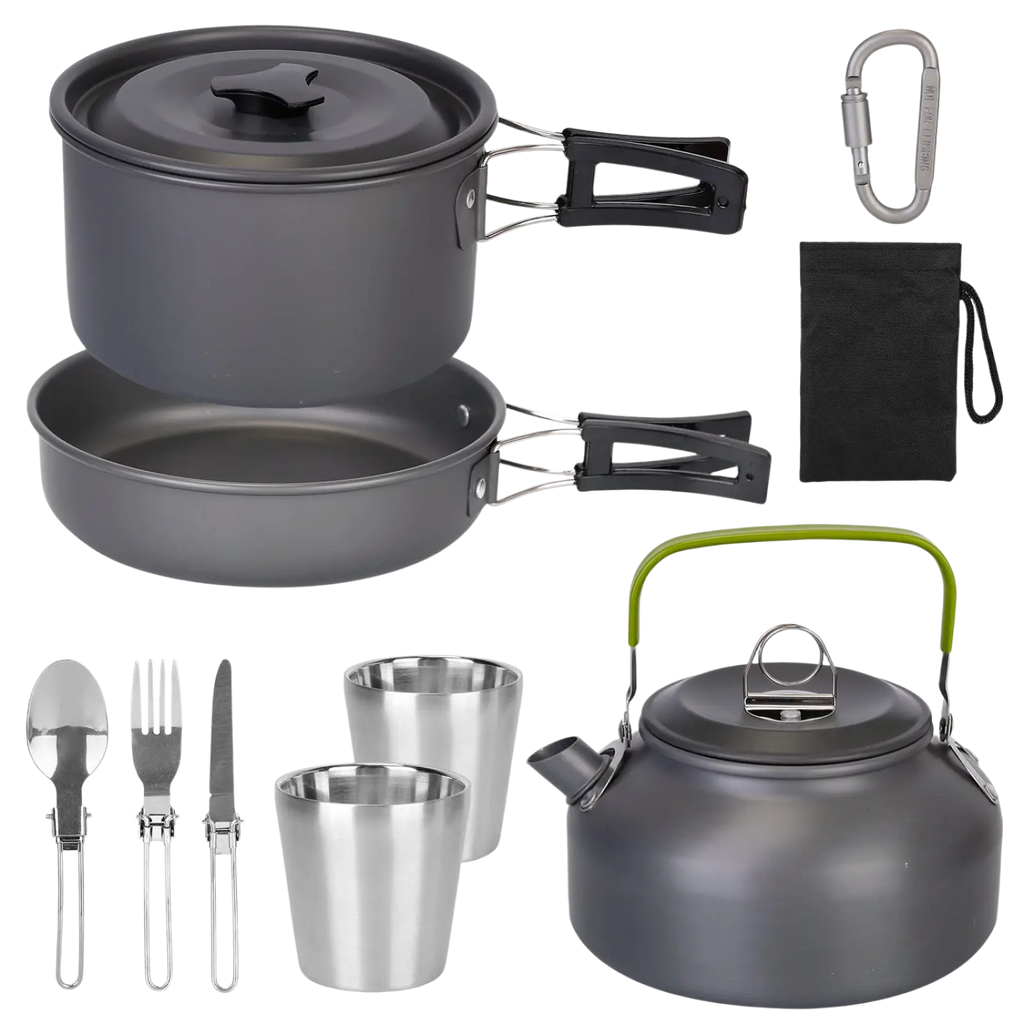 Gray aluminum camping cookware set with black handles green kettle handle and stainless steel utensils and cups