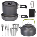 Gray aluminum camping cookware set with black handles green kettle handle and stainless steel utensils and cups