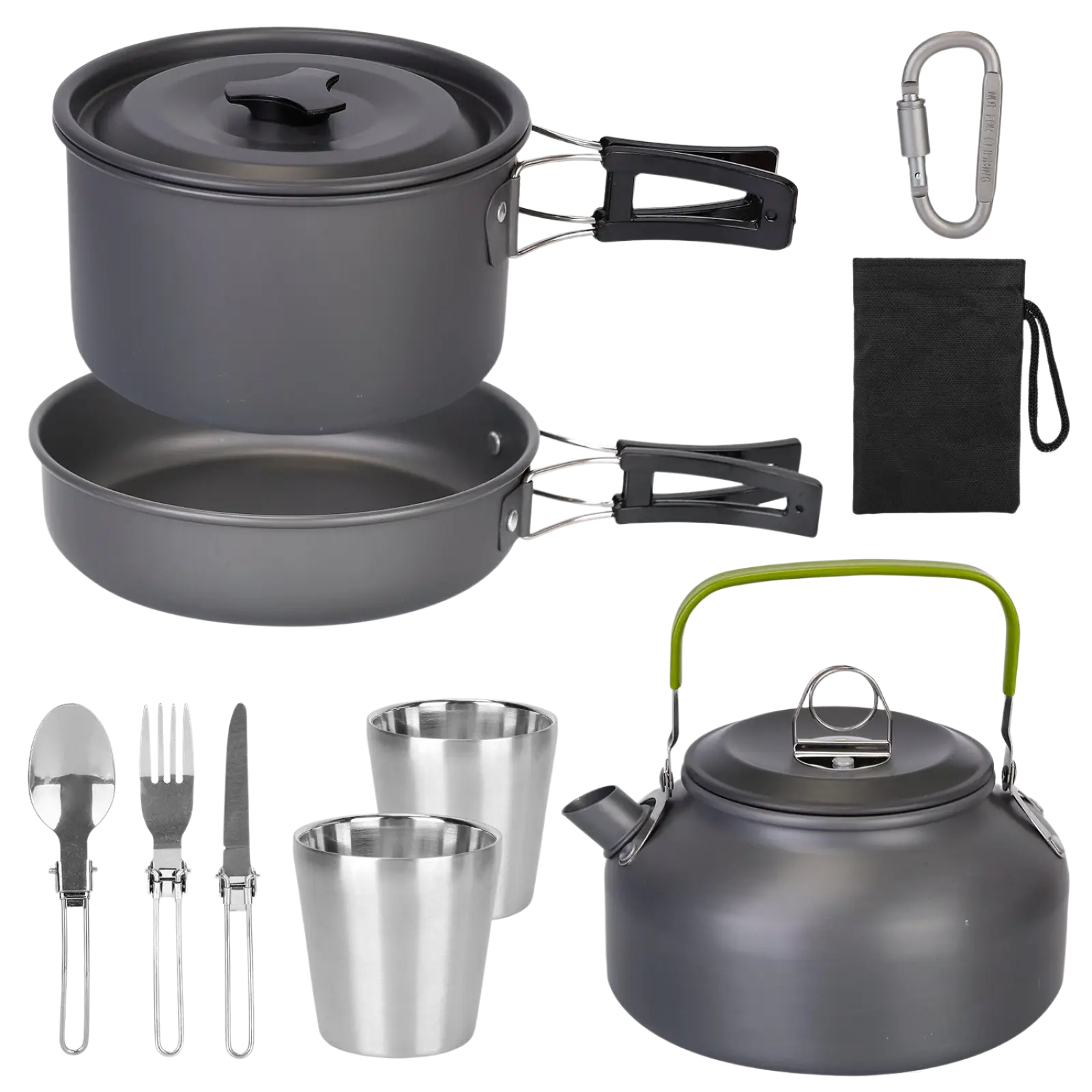 Gray aluminum camping cookware set with black handles green kettle handle and stainless steel utensils and cups