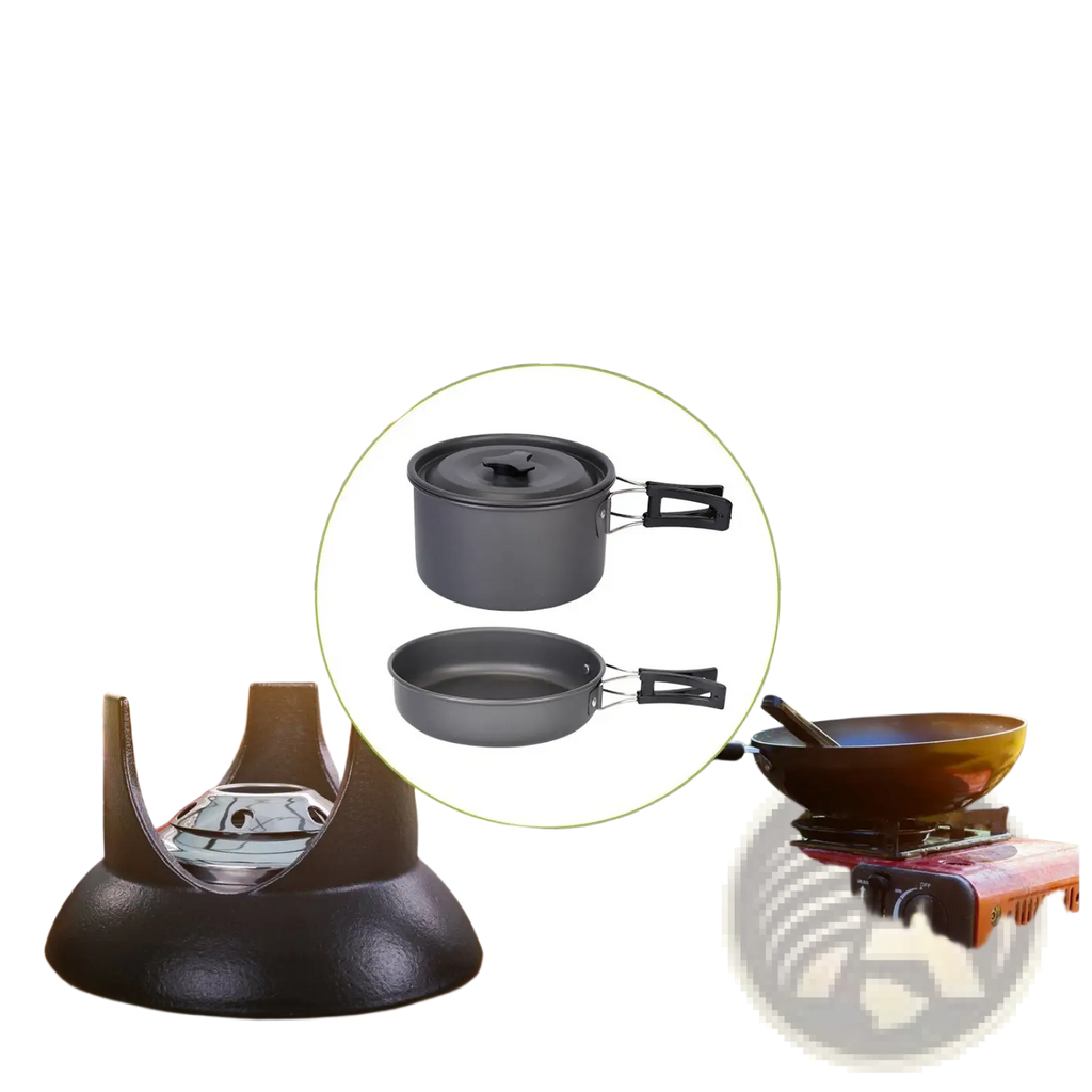 Black non-stick aluminum camping cookware set with pot and pan featuring black handles and lids in 12pcs set