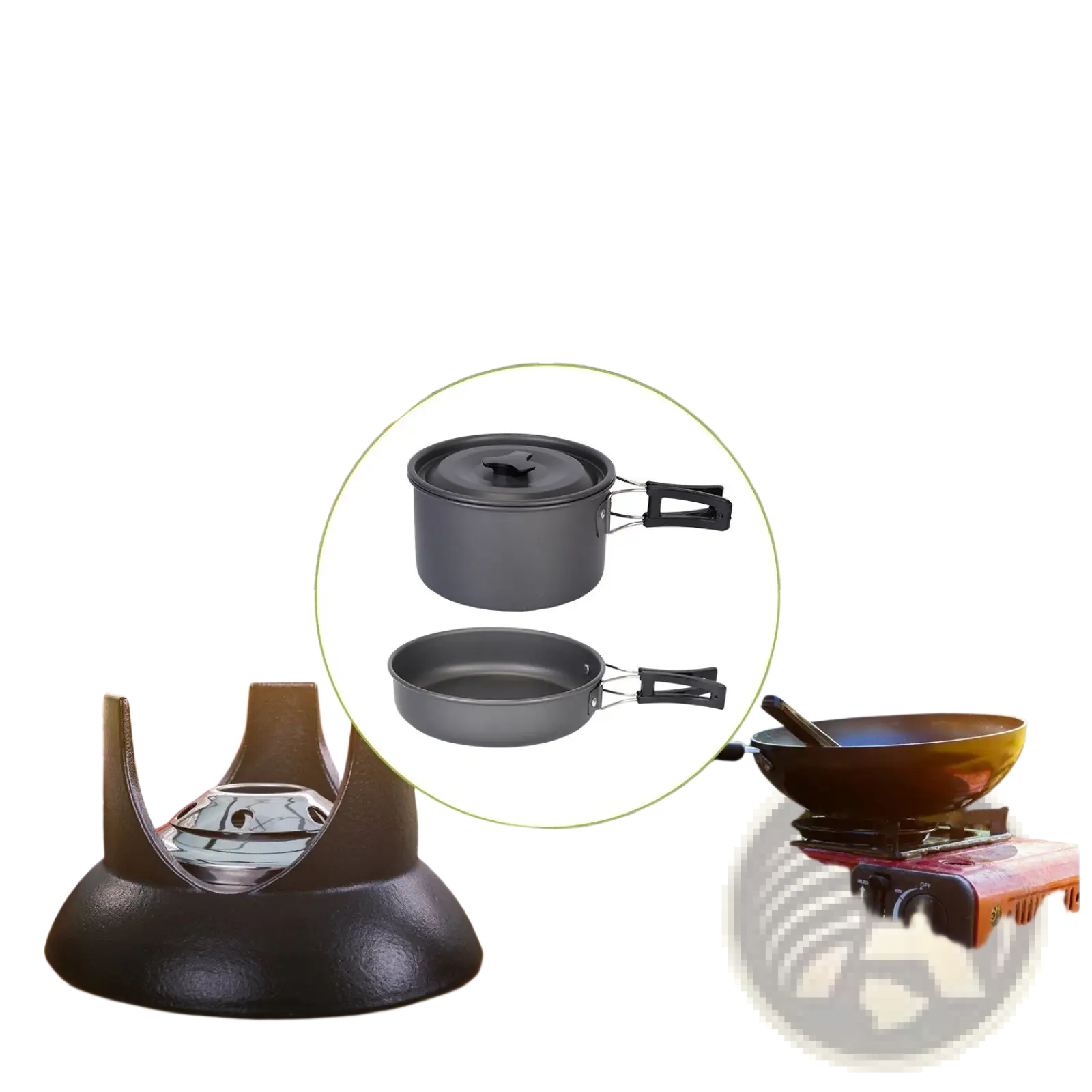 Black non-stick aluminum camping cookware set with pot and pan featuring black handles and lids in 12pcs set