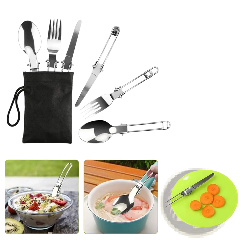 Set of stainless steel foldable cutlery in black pouch included in camping cookware set 12pcs aluminum pot pan kettle
