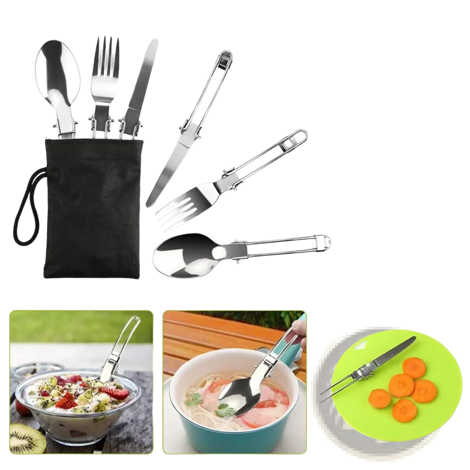 Set of stainless steel foldable cutlery in black pouch included in camping cookware set 12pcs aluminum pot pan kettle