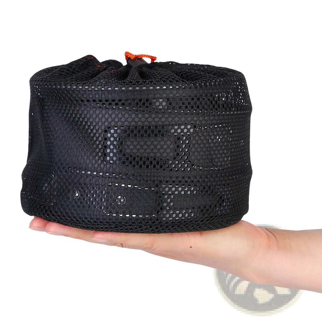 Black mesh storage bag with orange drawstring closure for camping cookware set 12pcs aluminum pot pan kettle