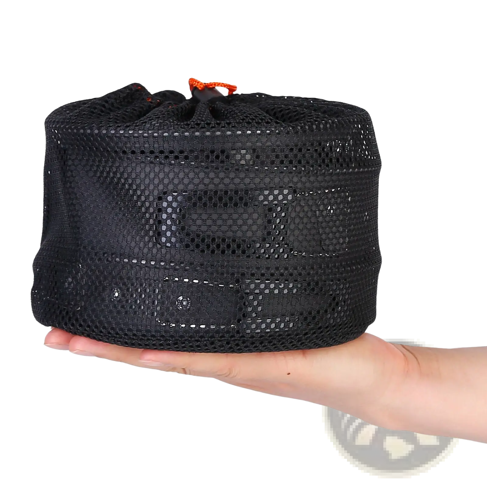 Black mesh storage bag with orange drawstring closure for camping cookware set 12pcs aluminum pot pan kettle
