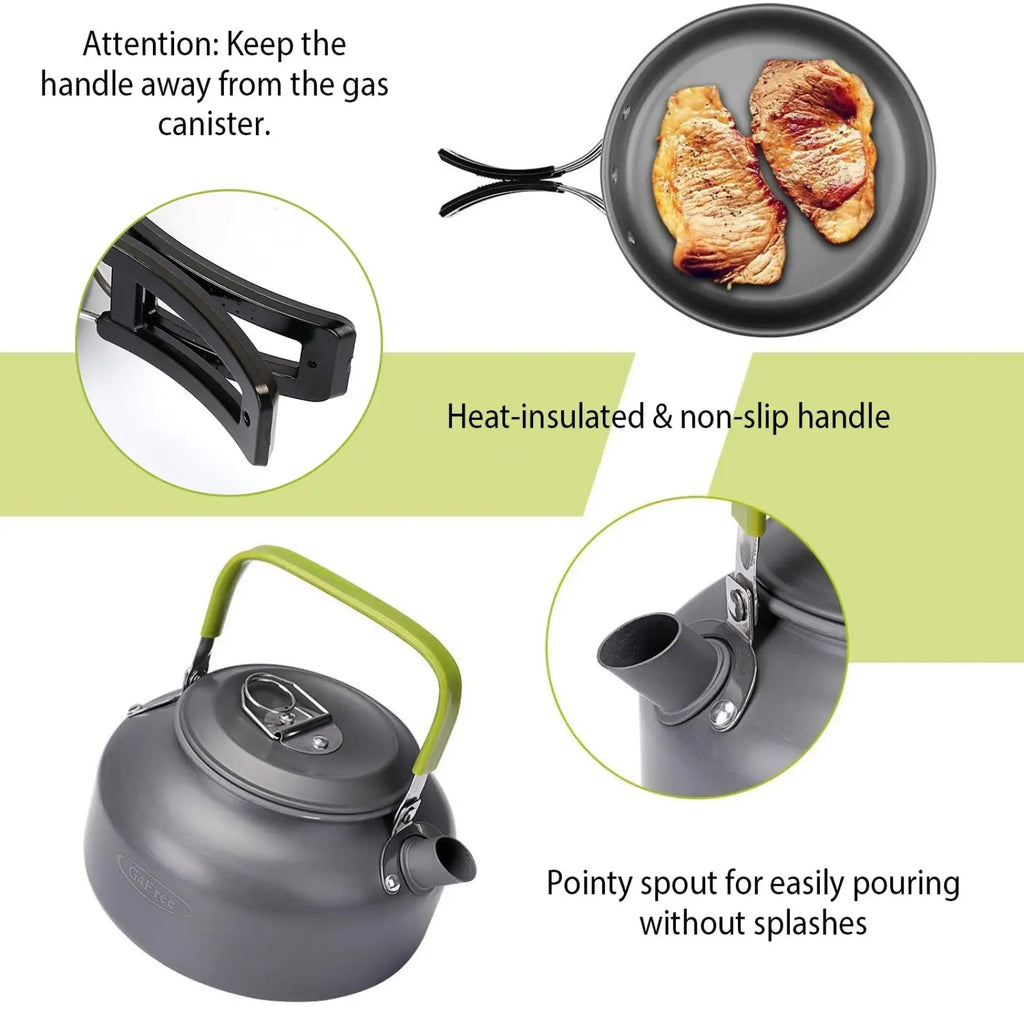 Gray aluminum camping kettle with green handle and pointed spout included in 12pcs camping cookware set