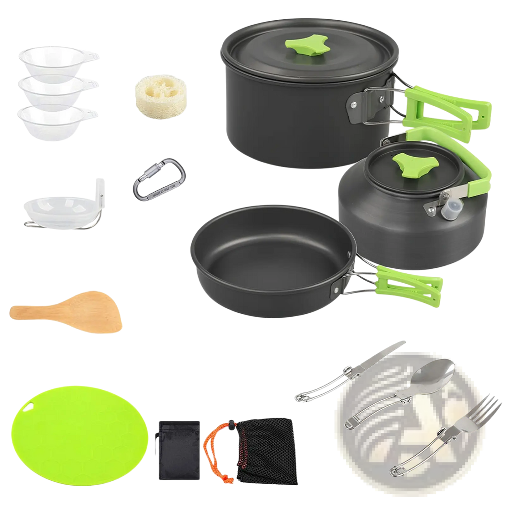Black aluminum camping cookware set with lime green silicone handles and lid knobs perfect for outdoor use