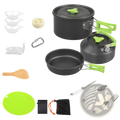 Black aluminum camping cookware set with lime green silicone handles and lid knobs perfect for outdoor use