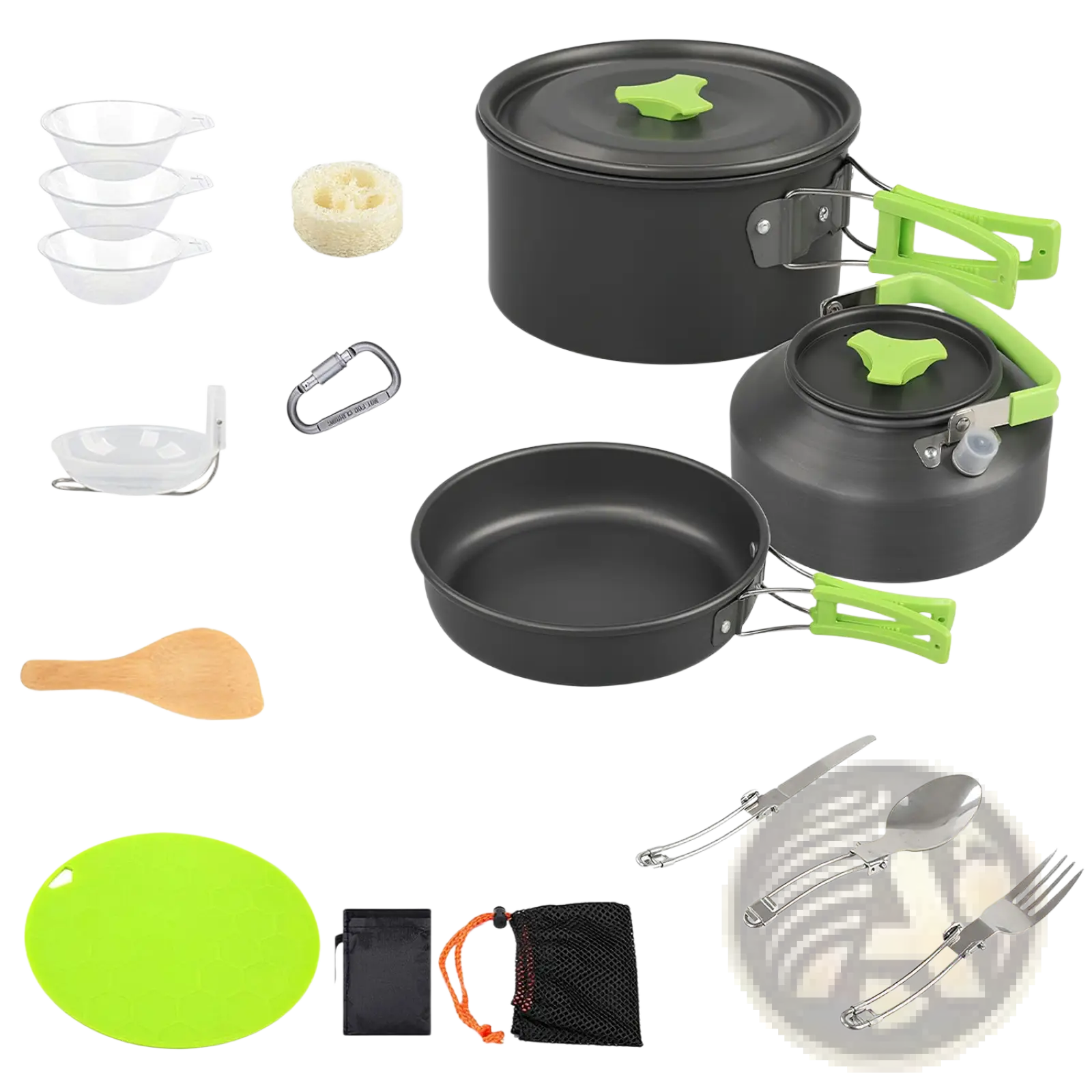 Black aluminum camping cookware set with lime green silicone handles and lid knobs perfect for outdoor use