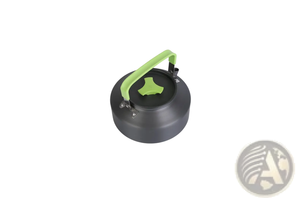 Black camping kettle with bright green handle and lid knob included in 16pcs outdoor cookware set