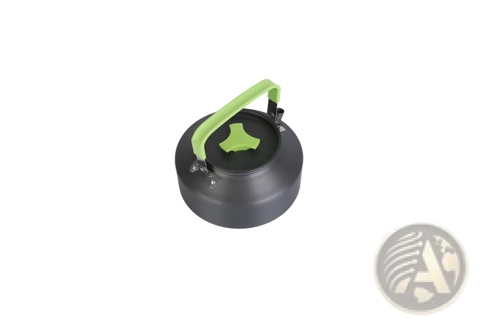 Black camping kettle with bright green handle and lid knob included in 16pcs outdoor cookware set