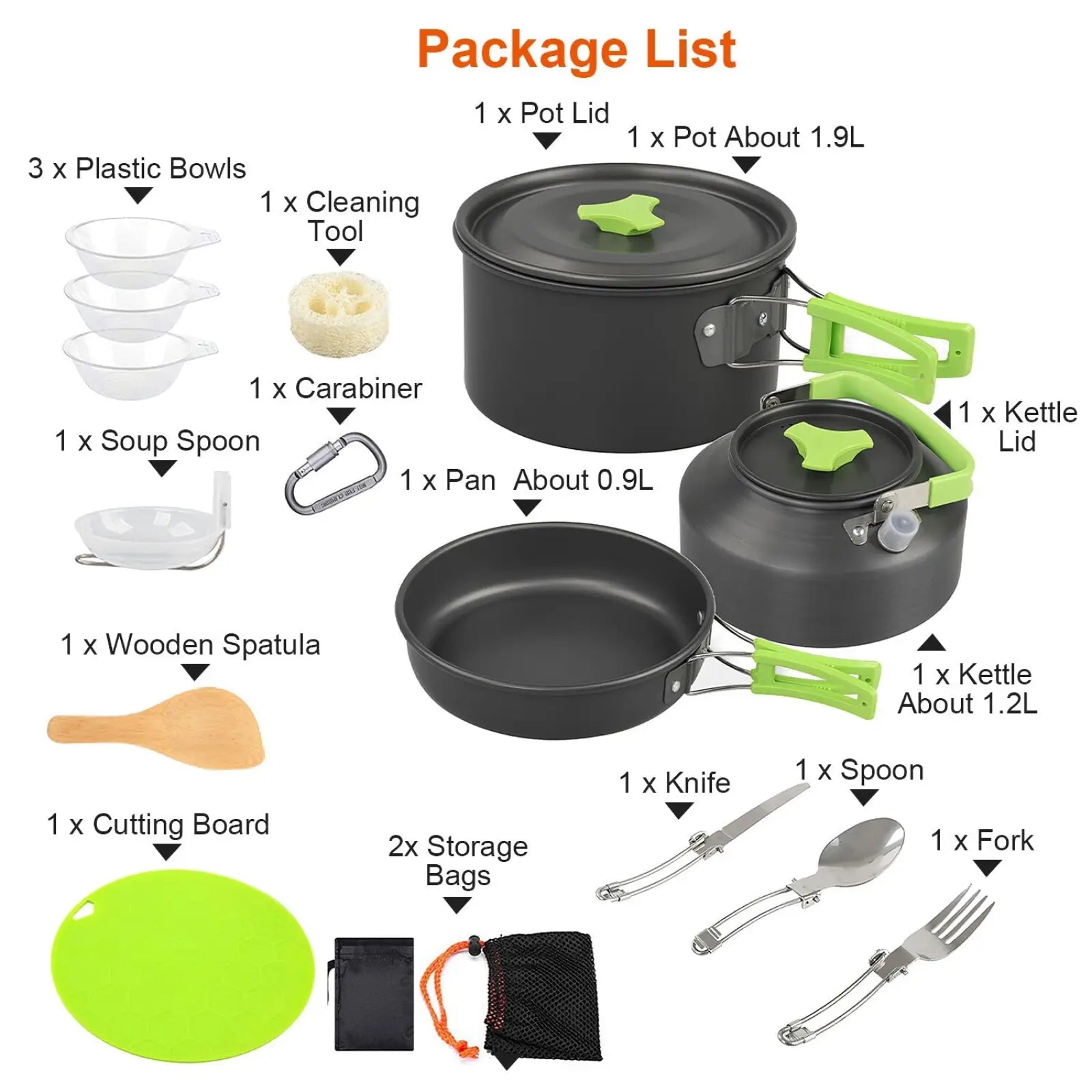 Black camping cookware set with bright green handles and lids 16pcs outdoor pot pan kettle kit for camping use