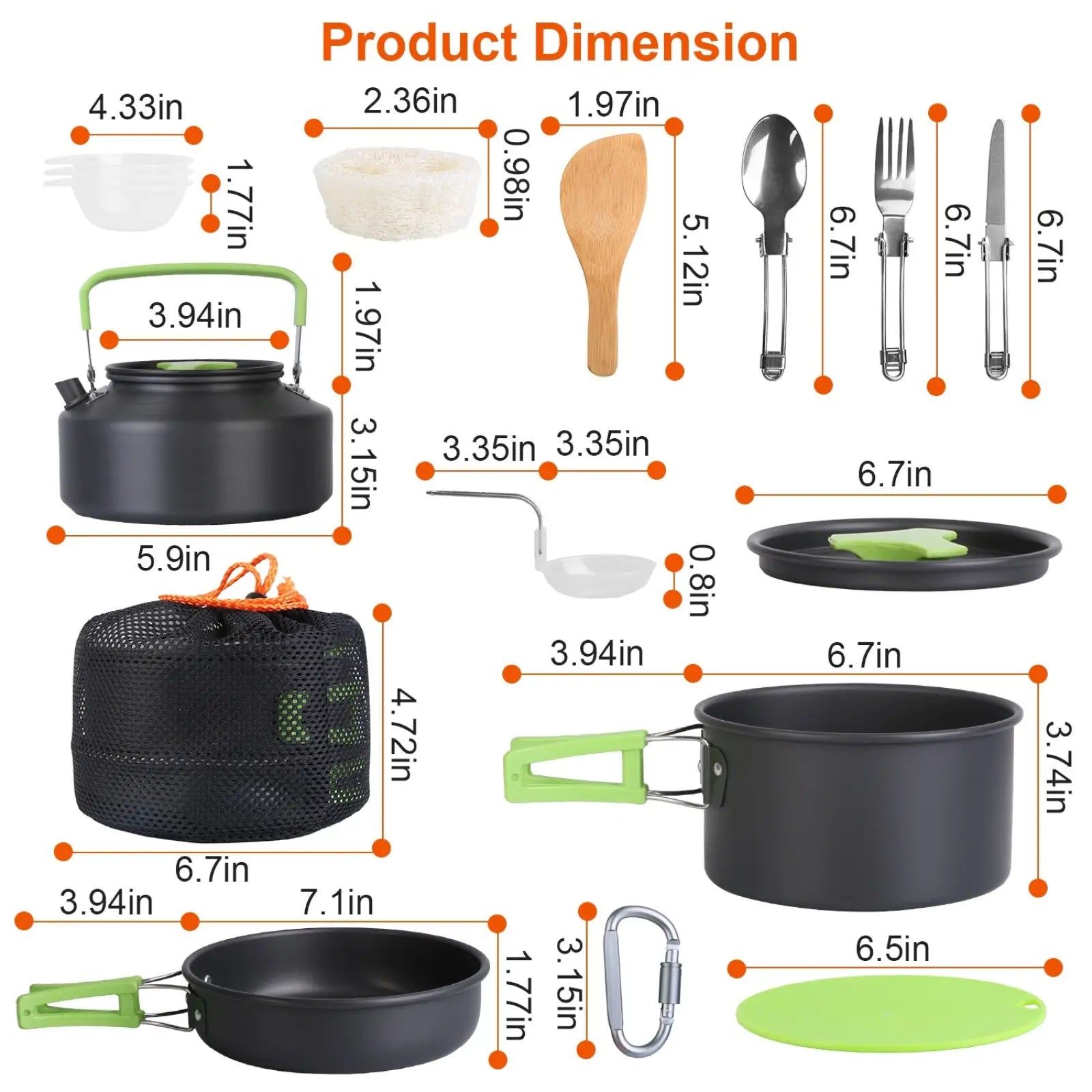 Black aluminum camping cookware set 16pcs with green handles including kettle pot pan utensils and storage bag for outdoor use
