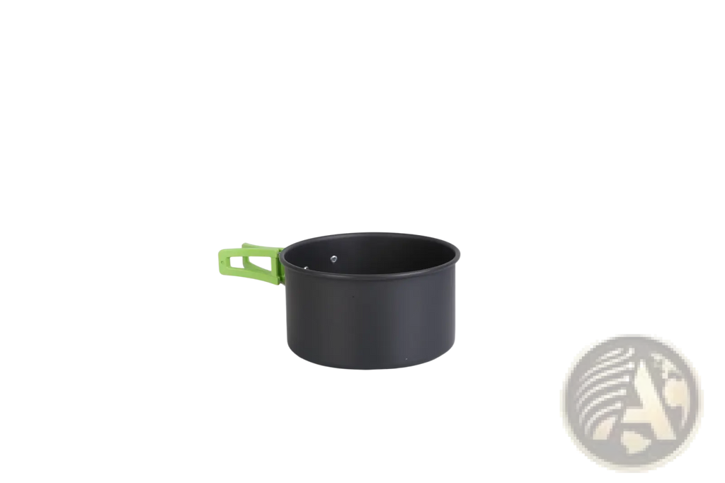 Black aluminum camping pot with bright green plastic handle from 16pcs camping cookware set for outdoor use