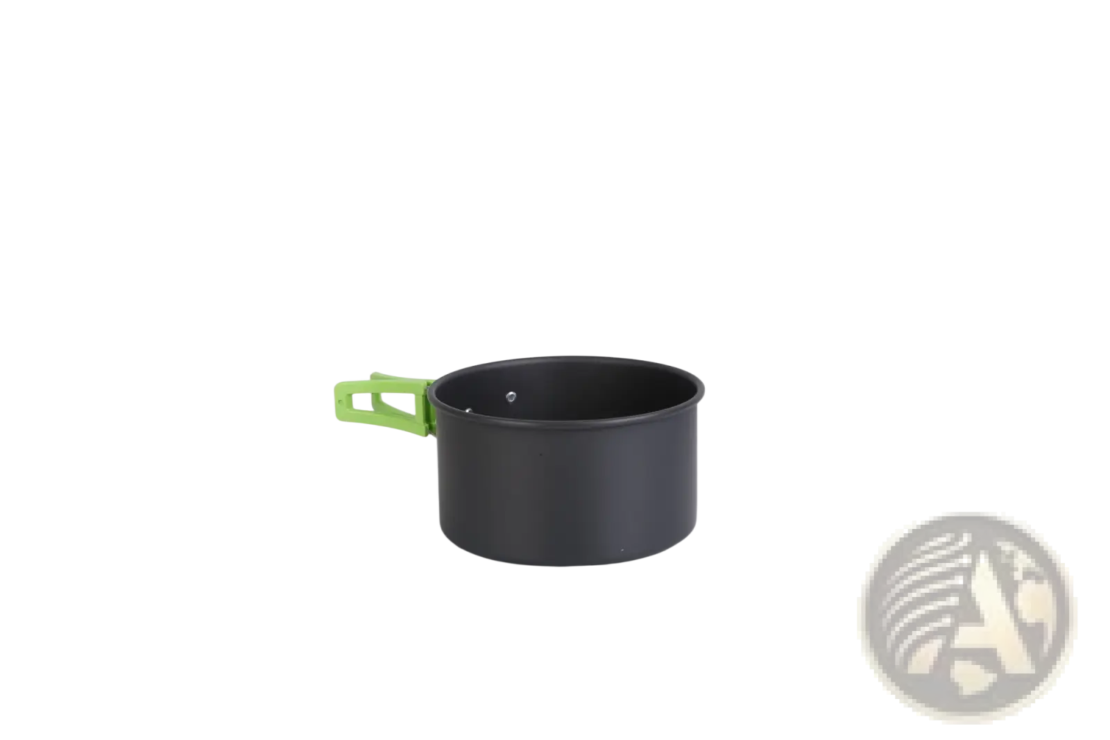 Black aluminum camping pot with bright green plastic handle from 16pcs camping cookware set for outdoor use