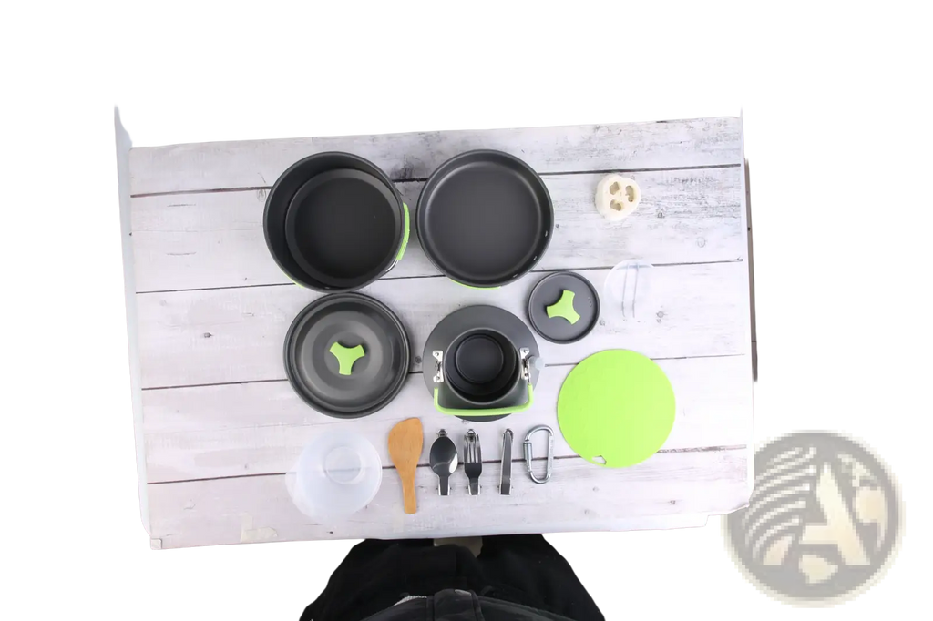 Black and lime green collapsible camping cookware set with 16pcs including pots, lids, utensils, and carabiner for outdoor use