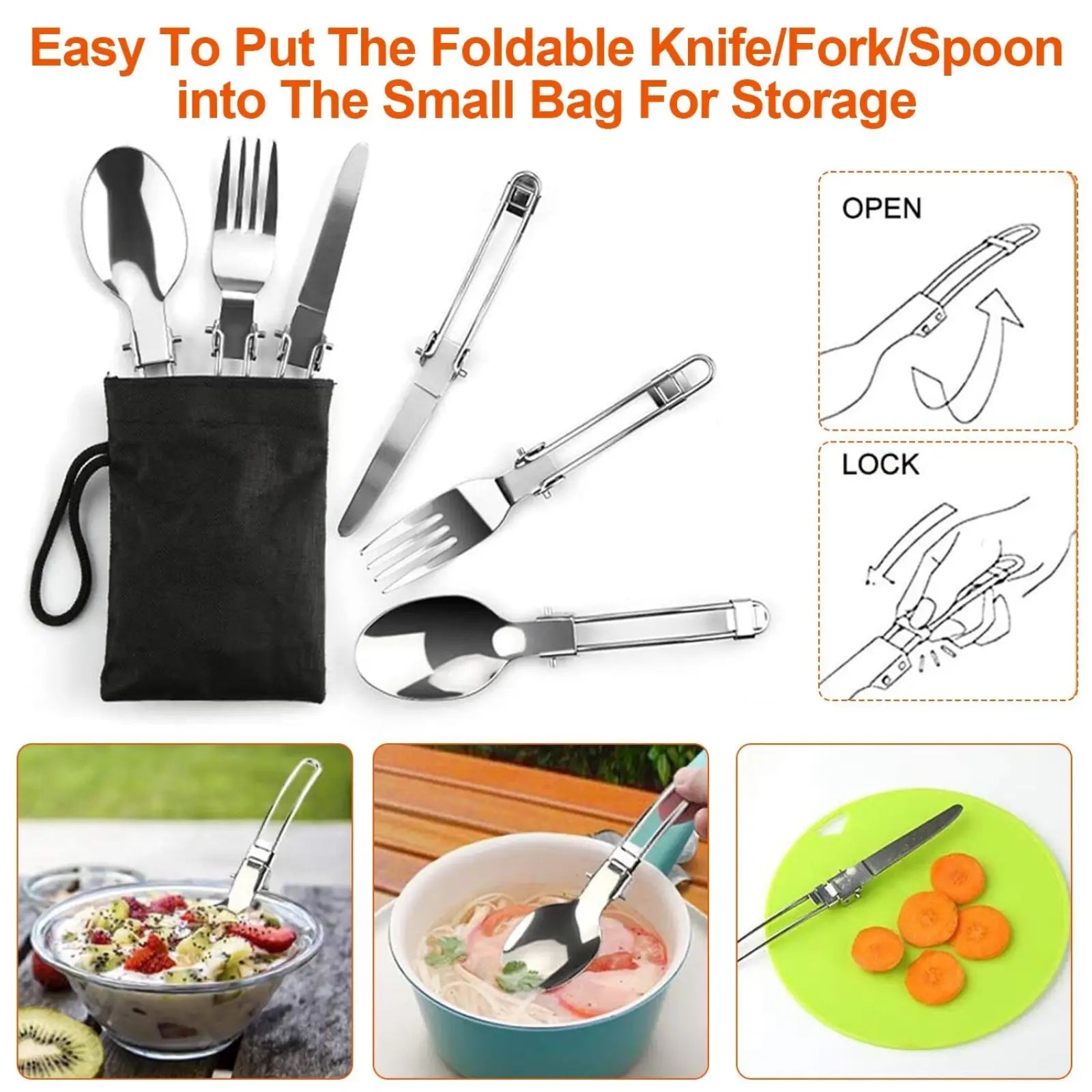 Silver foldable stainless steel knife fork and spoon set in black storage bag for camping cookware set 16pcs outdoor use