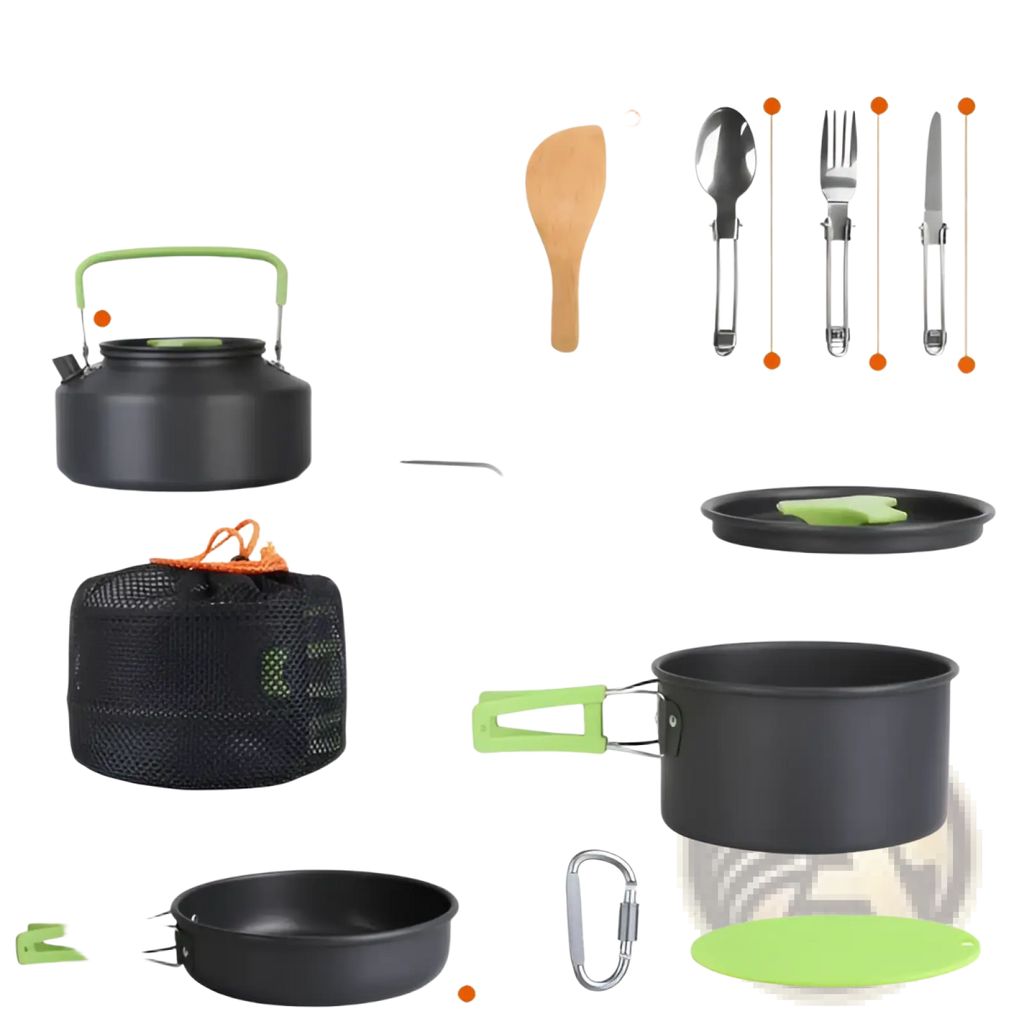 Black camping cookware set with stove and kettle 16pcs featuring green handles and storage bag for outdoor cooking