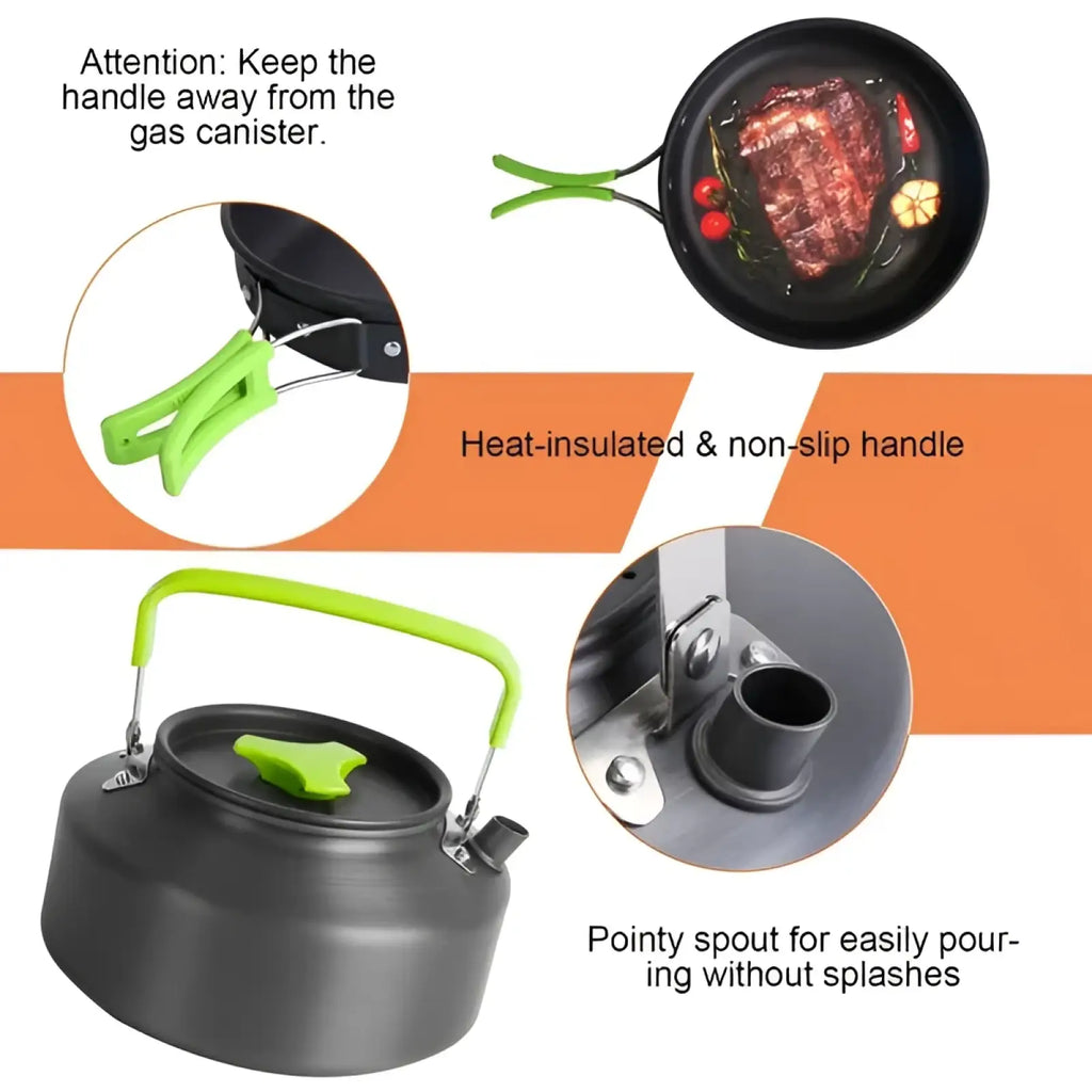 Black camping kettle with bright green heat-insulated handle and lid knob in a 16pcs camping cookware set with stove