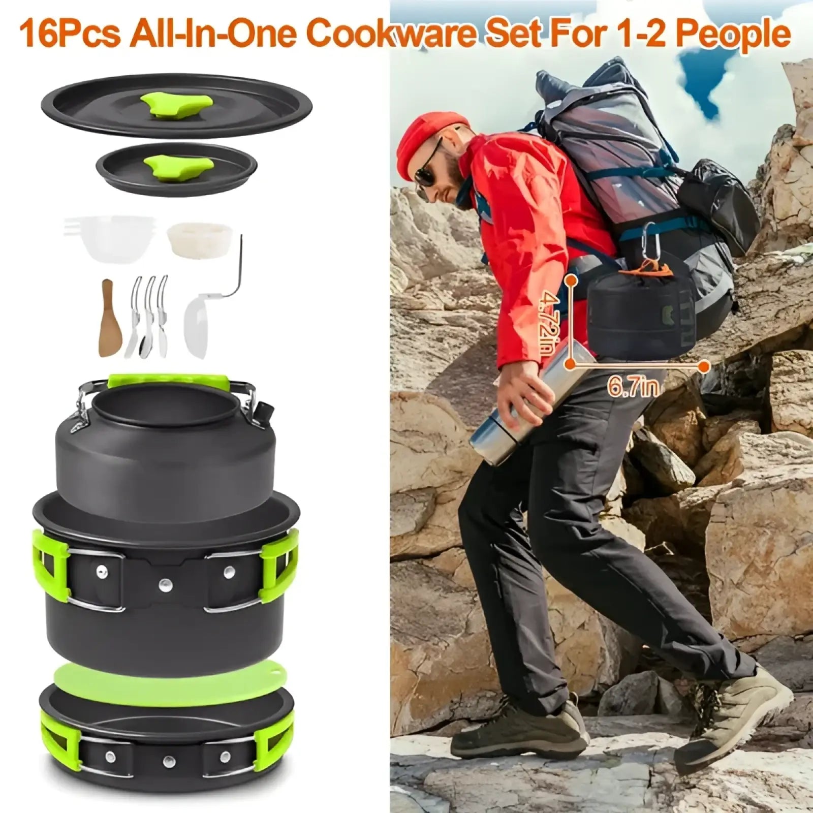 Black and neon green stacked camping cookware set with stove kettle lid utensils and plates for outdoor cooking